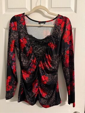 VENUS Black Top with Red Floral & Lace V-Neck
